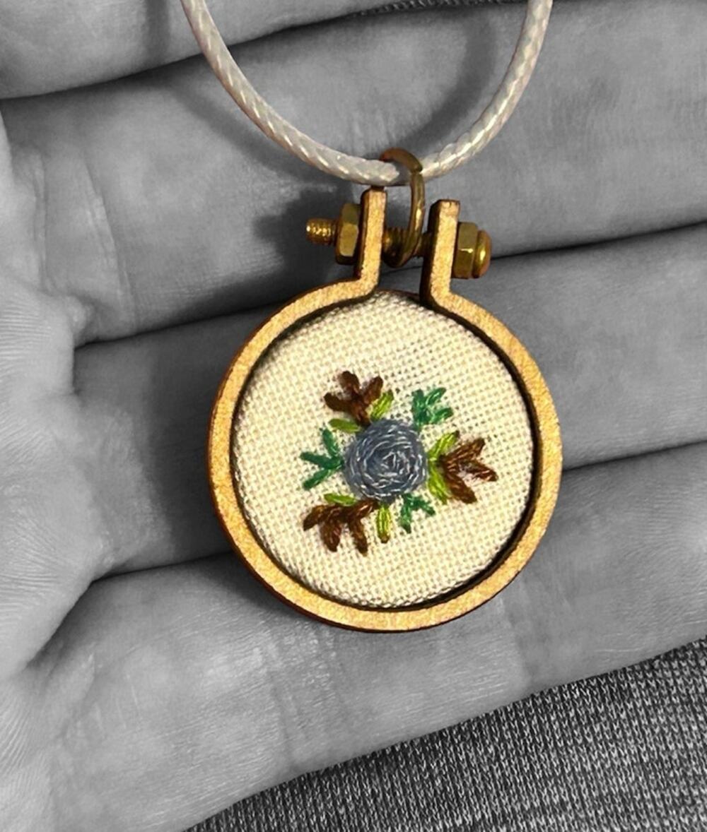 Handmade Embroidery Blue Rose Charm Necklace ~ mini Embroidery Hoop